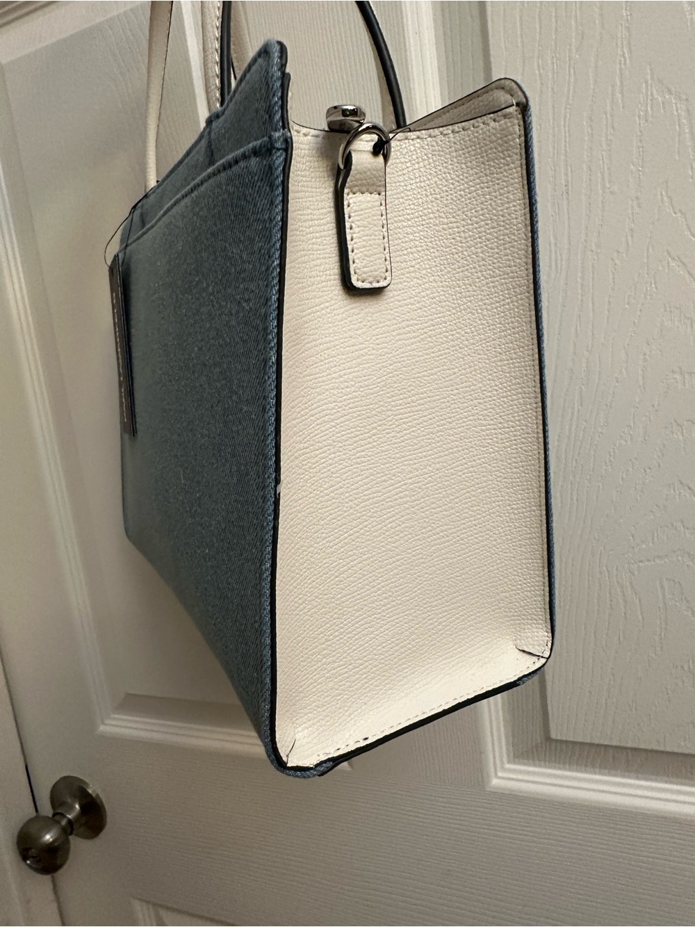 Karl Lagerfeld Denim Pearl-Embellished Satchel with White Handles - Picture 3 of 16